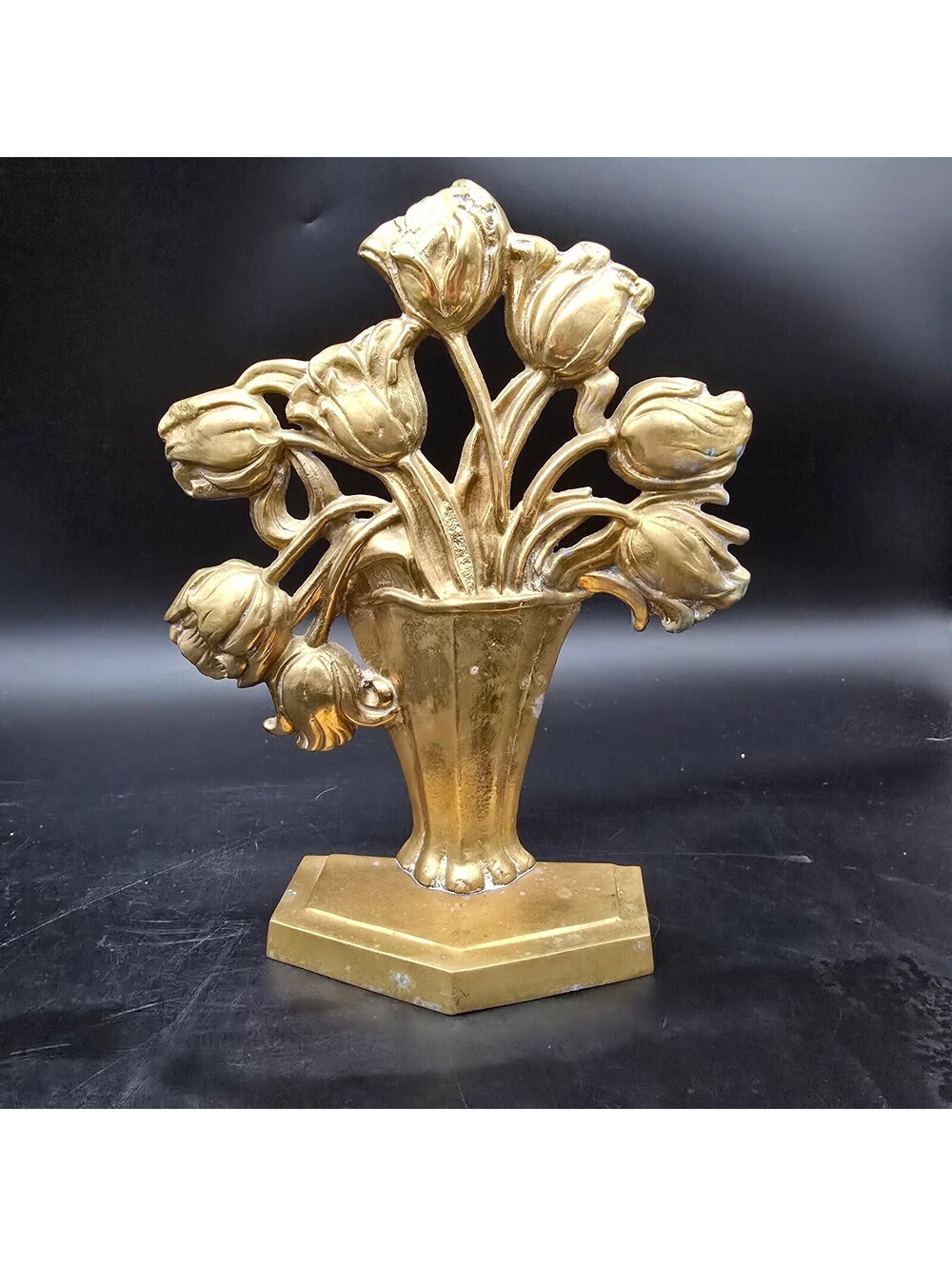 Vintage Brass Tulip Bookend Doorstop Mid Century Modern Gold Floral 8.5" Heavy